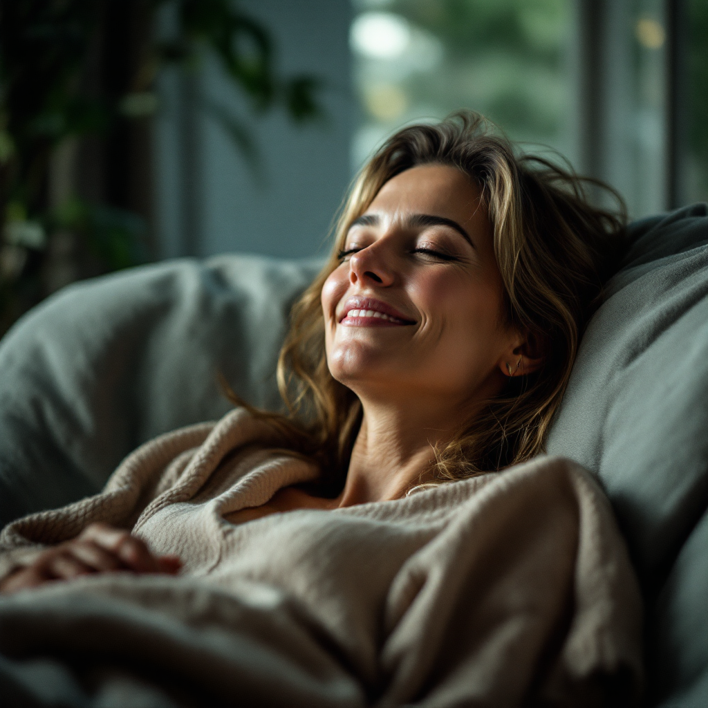 Femme souriante dans son canapé